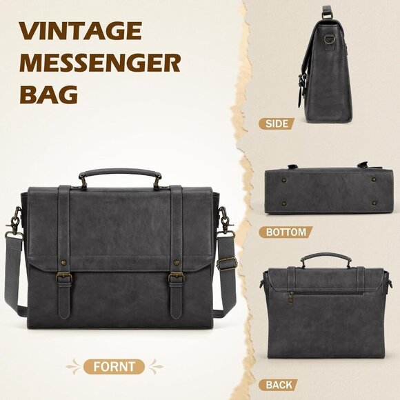🆕 Men Grey Vintage Leather Laptop Computer Retro Work Business Shoulder Bag - Picture 6 of 10